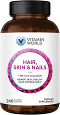 Vitamin World Hair Skin and Nails Formula 240 caplets Type I and III Collagen 3000mcg Biotin Antioxidant Coated Gluten Free