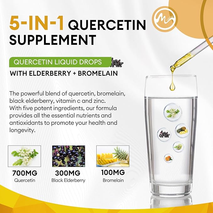 Quercetin Liquid Drops - Quercetin Supplements 700mg - 4X Stronger Than Pills &amp Capsules - 5 in 1 Quercetin with Bromelain Elderberry Vitamin for Immunity Health Respiratory Health Skin Care- 2 Fl