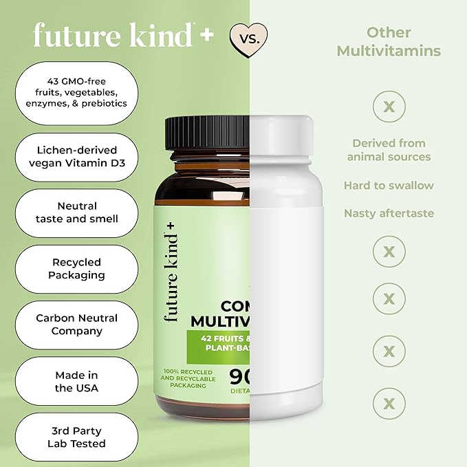 Future Kind Vegan Multivitamins Complete - 42-in-1 Vegan Multivitamins for Women &amp Men with Enzymes B12 Zinc &amp Probiotics for Digestion (90 tabs in Recycled Bottle)