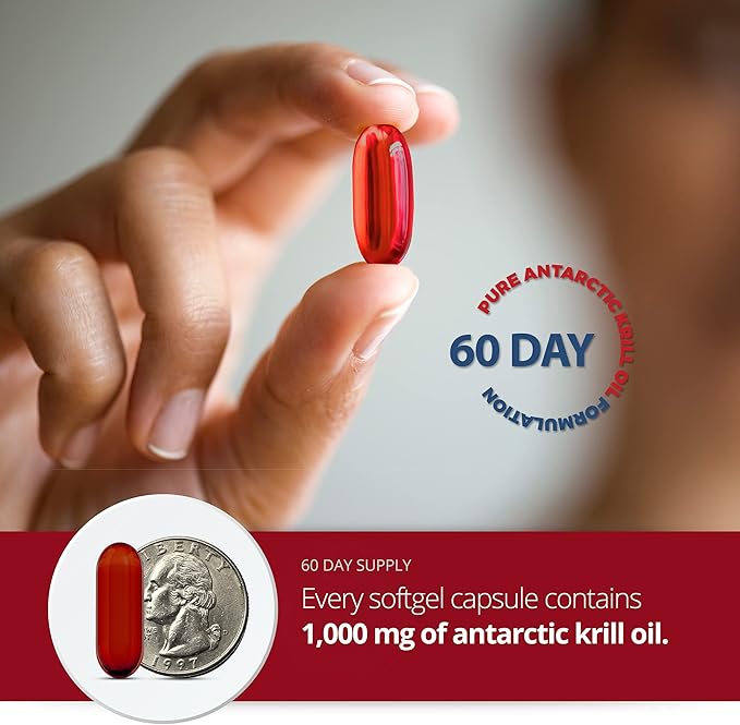 100% Pure Organic Antarctic Krill Oil 1000mg 60-Days Omega 3 Highest Concentration 56% Phospholipids EPA Choline Astaxanthin Wild Caught Sustainable Supports Heart Brain No Fish Oil