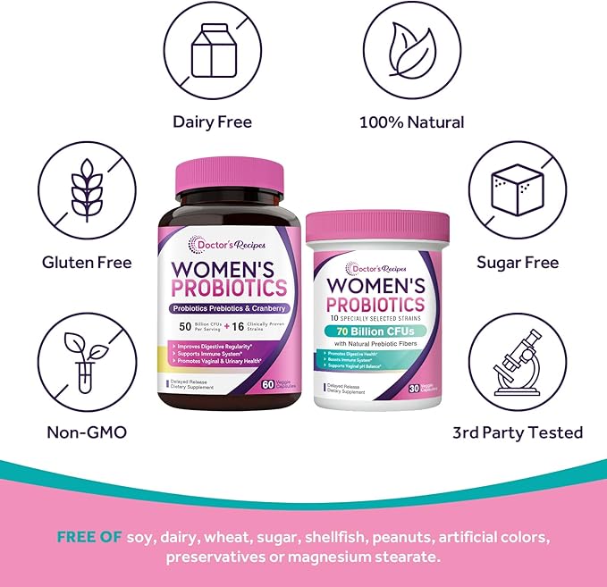 Doctor's Recipes Women's Probiotics Bundle Feminine Health and GI Support No Gluten Pro 50 Billion (60 Capsules) &amp 70 Billion (30 Capsules)
