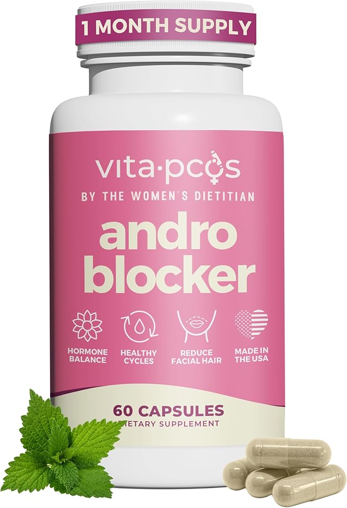 VITA-PCOS AndroBlocker Balance Supplement for Women - Stinging Nettle Capsules with Zinc &amp Inositol for Unwanted Facial Hair &amp Healthy Period - Saw Palmetto for Women Energy &amp Vitality - 6