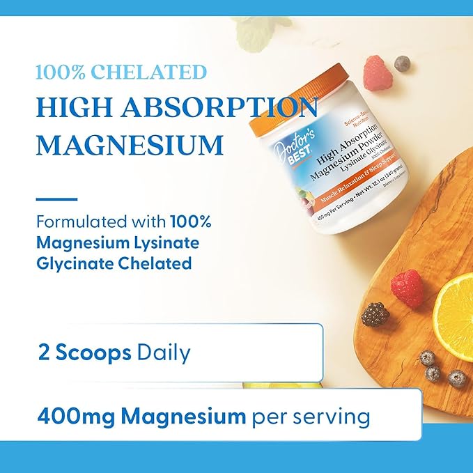 Doctors Best High Absorption Magnesium Powder Lysinate Glycinate 100% Chelated Muscle Relaxation &amp Sleep Support Gluten Free Vegan 100% Chelated Net Wt. 12.1 oz (340 Grams) Fruit Punch Flavor