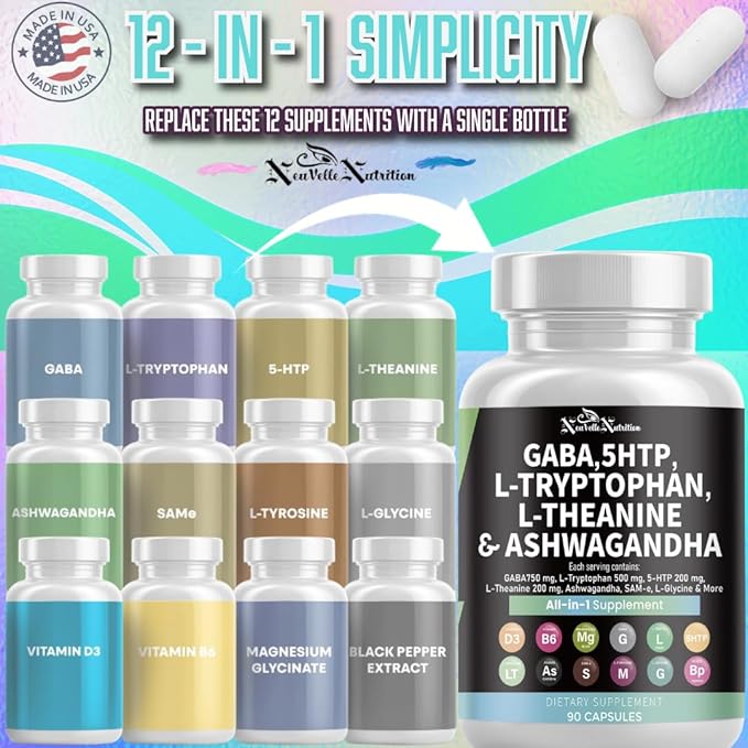 GABA Pills with 5-HTP Extract L-Tryptophan L-Theanine Ashwagandha Vitamins D3 B6 Magnesium L-Tyrosine L-Glycine Sam-e &amp Black Pepper Mood Support Supplement