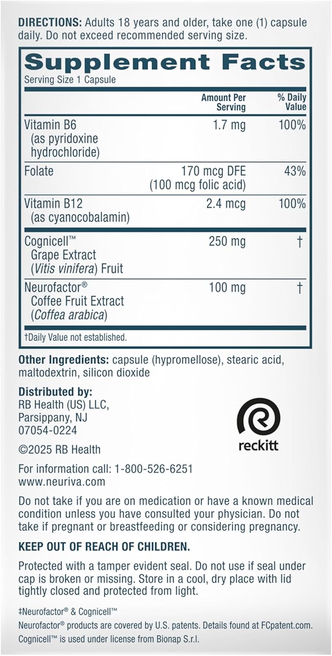 NEURIVA Memory 3D Brain Supplement - Nootropic Capsules for Memory Focus &amp Cognitive Function - Short Term Long Term &amp Working Memory Support - 50ct - Pack of 2