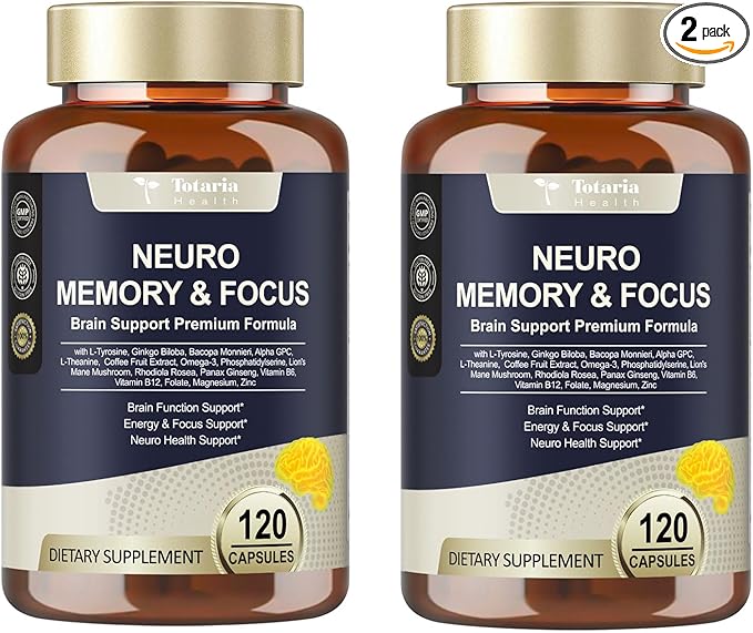 Totaria C-ognitive with Caffeine Pills L-Tyrosine Alpha GPC Ginkgo Biloba Bacopa Monnieri Brain Supplement for Memory and Focus Brain Nootropic Support - Non-GMO Gluten Free (2 Packs)