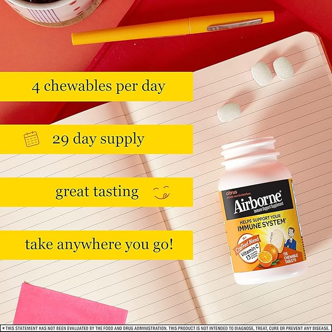 Airborne 1000mg Vitamin C + Zinc Immune Support Supplement Chewable Tablets Very Berry &amp Citrus Flavor with Powerful Antioxidants Vitamins A C &amp E 116 Chewable Tablets (Very Berry + Citrus)