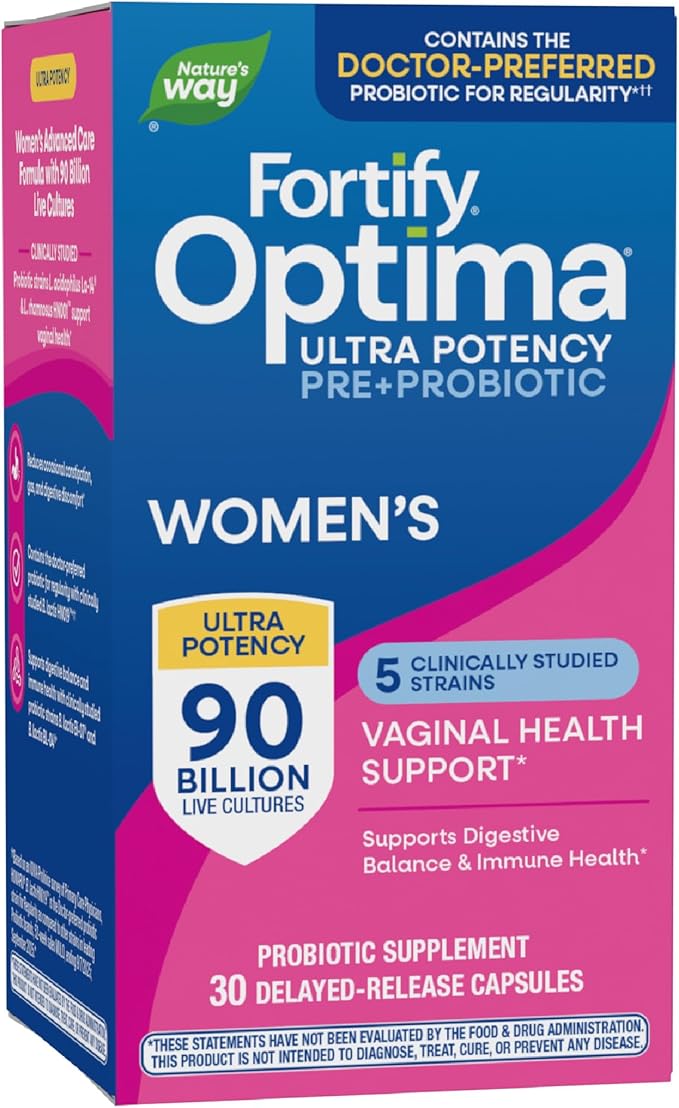 Nature's Way Fortify Optima Probiotic for Women Ultra Potency Probiotic for Vaginal Health* 90 Billion Live Cultures Supports Digestive Balance and Immune Health* 30 Capsules (Packaging May Vary)