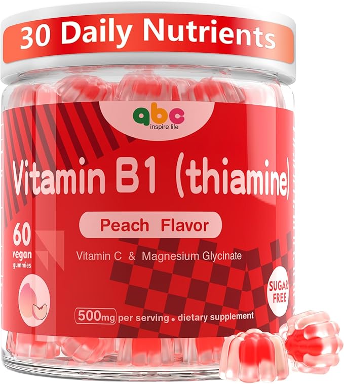 Vitamin B1 Gummies 300mg for Adults &amp KidsChewable Thiamine B1 Supplement with 150mg MagnesiumNervous System Healthy EnergyNatural Peach FlavorNon GMOVegan 60 Count Sugar-Free 1-Month Supply