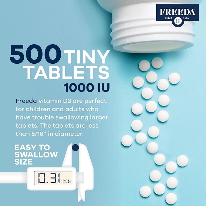 FREEDA Pure Vitamin D3 1000 IU – Daily Maintenance Dose – Bone Health Joint Muscle &amp Immune Support – Vit D3 Vitamin D Supplement for Women &amp Men – 25 mcg 1000 IU Easy-to-Swallow (500 Tiny