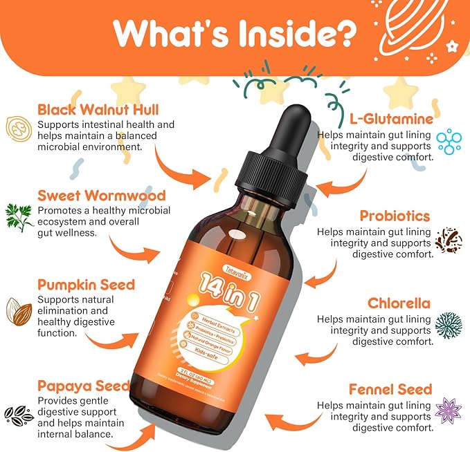 14 in 1 Herbal Gut Cleanse Drops – Natural Detox for Adults &amp Kids with Wormwood Black Walnut Chlorella 200mg &amp 10B Probiotics 150mg – Digestive Health Supplement Alcohol-Free 2oz