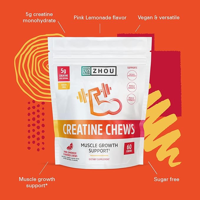 ZHOU Nutrition Creatine Monohydrate Chewables 5g for Men &amp Women Sugar Free Organic Non GMO Pink Lemonade 60 Creatine Gummies