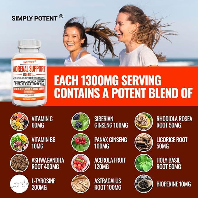 Simply Potent Adrenal Support and Cortisol Manager - 90 Capsules Adrenal Health Supplement with Ashwagandha Licorice Root Rhodiola Rosea Ginseng Holy Basil for Adrenal Fatigue for Women &amp Men