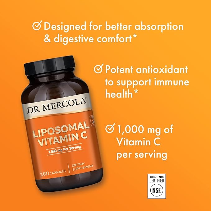 Dr. Mercola Liposomal Vitamin C - Brain Heart Eye &amp Immune Support - Provides 1000 mg of Bioavailable Vitamin C - Non-GMO Gluten-Free &amp Soy-Free - 180 Capsules (90 Servings)