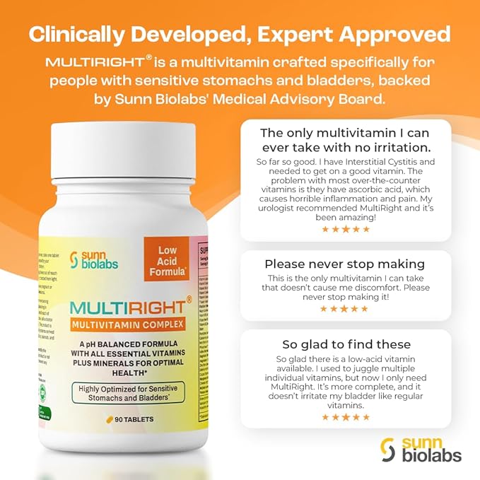 MULTIRIGHT | LOW ACID MULTIVITAMIN for Sensitive Stomachs Bladders | 14 Vitamins &amp 14 Minerals | Bladder-Friendly pH Balanced | Easy on Digestion-Less Acidic | Buffered Vitamin C | 180 Tab (2)