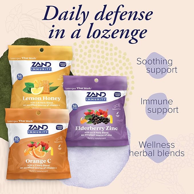 ZAND Immunity Variety 3 Pack - Lemon Honey Elderberry Zinc and Orange C Throat Lozenges - Good-for-You Dry Mouth Lozenges - Immune Support Supplement - Natural Flavor Vegan Gluten Free 50ct ea