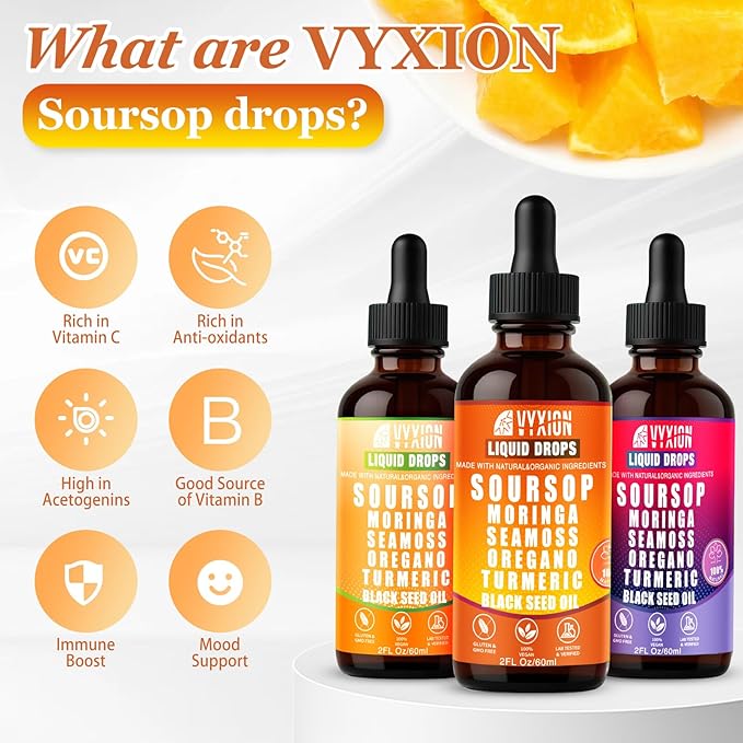 Soursop Bitters Liquid Drops 10 in 1 with Sea Moss Ashwagandha | Original &amp Zesty Orange Flavor Combo | 2-Pack (2 Fl Oz Each) | Herbal Extracts for Overall Health | Vegan Non-GMO Gluten-Free