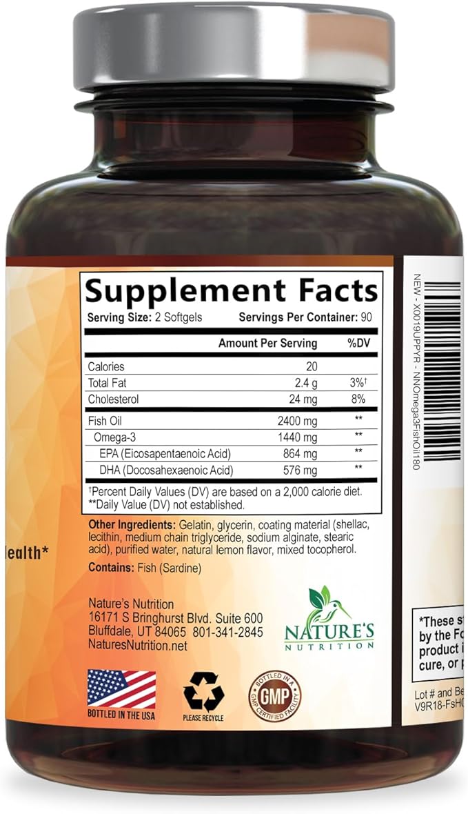 Omega 3 Fish Oil Supplements - 2400mg Fish Oil Per Serving - Triple Strength Omega-3 with EPA &amp DHA Fatty Acids - Natural Heart Brain &amp Immune Support - Wild Caught Bottled in USA - 180 Soft