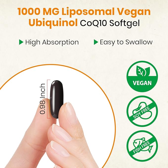 1000mg Liposomal CoQ10 Ubiquinol 120 Vegan Softgels High Absorption Ubiquinol CoQ10 Supplement Active Antioxidant Form of Coenzyme Q10 for Heart Function &amp Energy Production