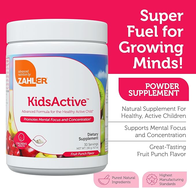Zahler KidsActive Kids Concentration Formula Powder All Natural Children’s Supplement Supporting Focus Certified Kosher 30 Servings Fruit Punch Flavored Powder