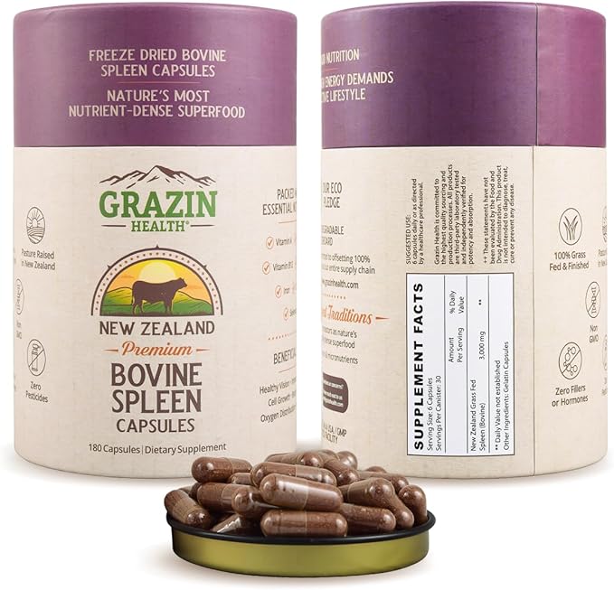 Grass Fed Bovine Spleen Capsules 3000 mg Per Serving Whole Food Organ Supplement with Naturally Occurring Peptides and Micronutrients for Daily Nutrition and Wellness Support 30 Servings