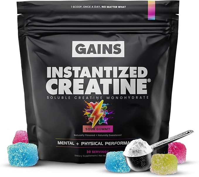 Gains in Bulk Instantized Creatine Monohydrate for Men &amp Women Soluble Pre Workout Powder Supports Muscle Building Strength and Performance Bodybuilding Supplements Sour Gummy 30 Servings