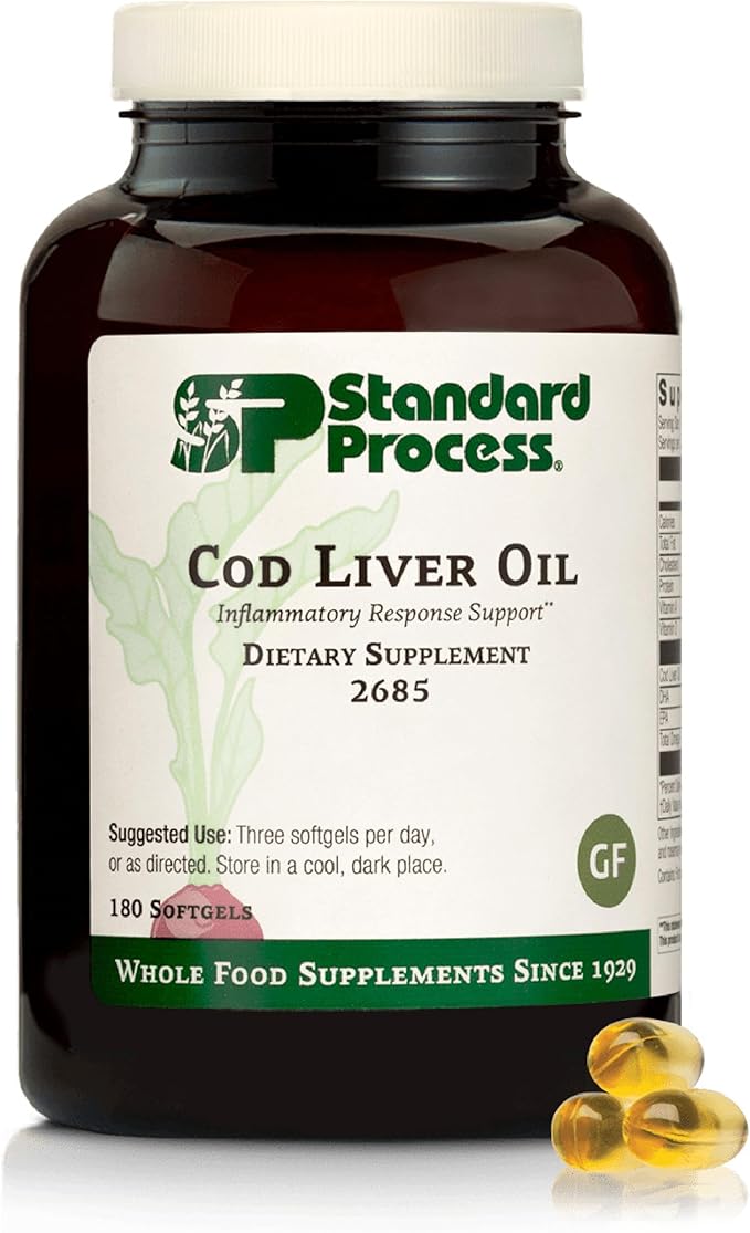 Standard Process Cod Liver Oil - Aids Healthy Skin &amp Eyes with Omega-3 Fatty Acids &amp Vitamins A and D - Bone &amp Tooth Health Support - Gluten-Free Non-Dairy &amp Non-Soy - 180 Softgels (6