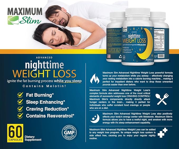 Maximum Slim Nighttime Weight Support – Gentle Fat Burning &amp Sleep Aid – African Mango Resveratrol &amp Green Tea – Non-GMO Vegan 60 Capsules