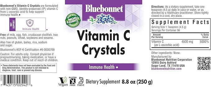 Bluebonnet Nutrition Vitamin C Crystals for Immune Health for Antioxidant Protection Soy Free Gluten Free Non-GMO Kosher Dairy Free Vegan Powder 8.8 oz (250 g)