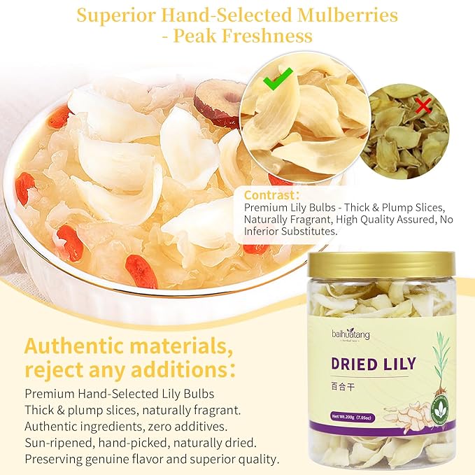 Baihuatang Natural Dried Lily Bulbs 200g (7oz) Herbal Tea Dried Lily Buds Bulbs Bai He Lilies for Tea Cooking Porridge Sulfur Free No Additives 百合干龙牙百合 银耳莲子百合羹原料