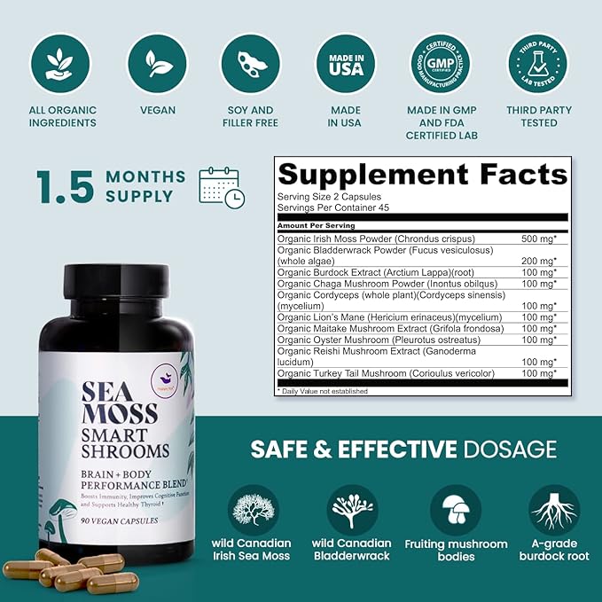 HAPPY FOX Irish Sea Moss Capsules &amp Mushroom Complex - Organic Seamoss with Adaptogens for Brain Health 1500mg 90 Vegan Capsules Organic Mushroom Supplement