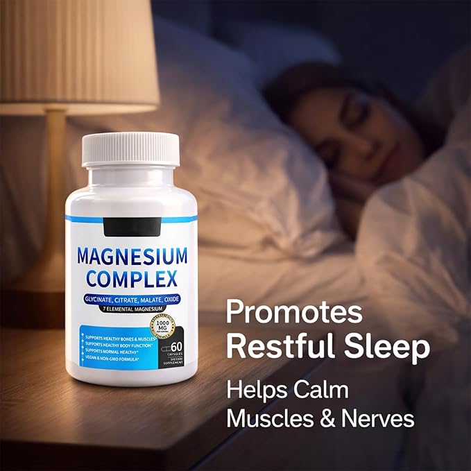 Magnesium Complex for Women &amp Men 1000mg — 7-in-1 Magnesium (Glycinate Citrate &amp Malate) for Sleep Support Stress Relief Muscle Recovery — Vegan 60 Capsules