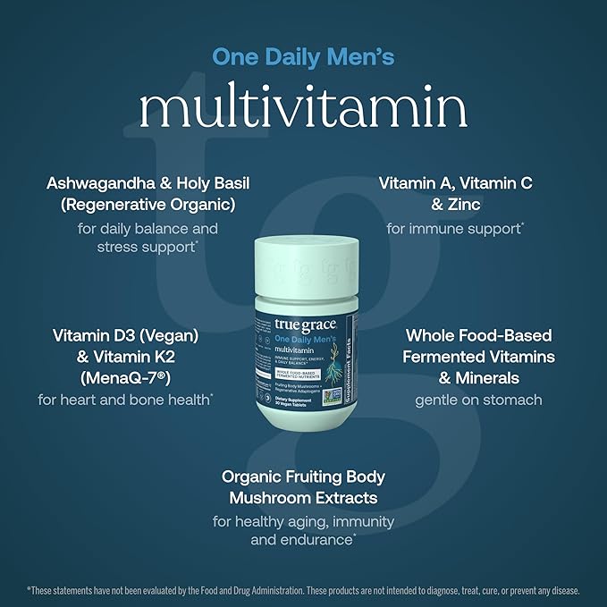 True Grace One Daily Men’s Multivitamin Fermented Minerals Organic Adaptogens &amp Mushrooms Whole Body Balance Immune Endurance Bone &amp Heart Support - Non-GMO Gluten Free - 30 Vegan Tablets