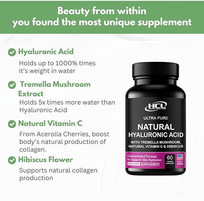 Natural Hyaluronic Acid Supplement 5X Stronger Hydration Pills from Pure Tremella Mushroom with Vitamin C &amp Hibiscus - Skin Supplement Anti Wrinkle Dietary Capsules - hair nails vitamins