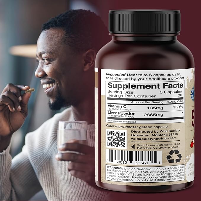 WILD SOCIETY - USA Grass Fed Beef Liver Capsules - 3000mg Max Strength for Energy Stamina Natural Detox Hair &amp Nail - Non GMO Allergen Free Beef Liver Supplement - 180 Desiccated Capsules
