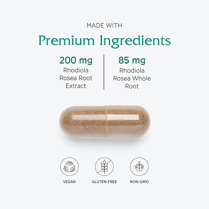 Vitanica Rhodiola Rosea Root Extract 200mg Dr. Formulated 3% Rosavins &amp 1% Salidroside Rhodiola Root 85mg Vegan 60 Capsules