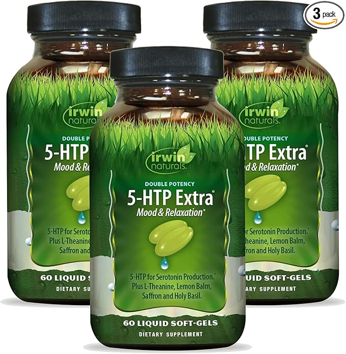 Irwin Naturals Double Potency 5-HTP Extra - Relaxation &amp Serotonin Support - 60 Liquid Soft-Gels - 3 Pack