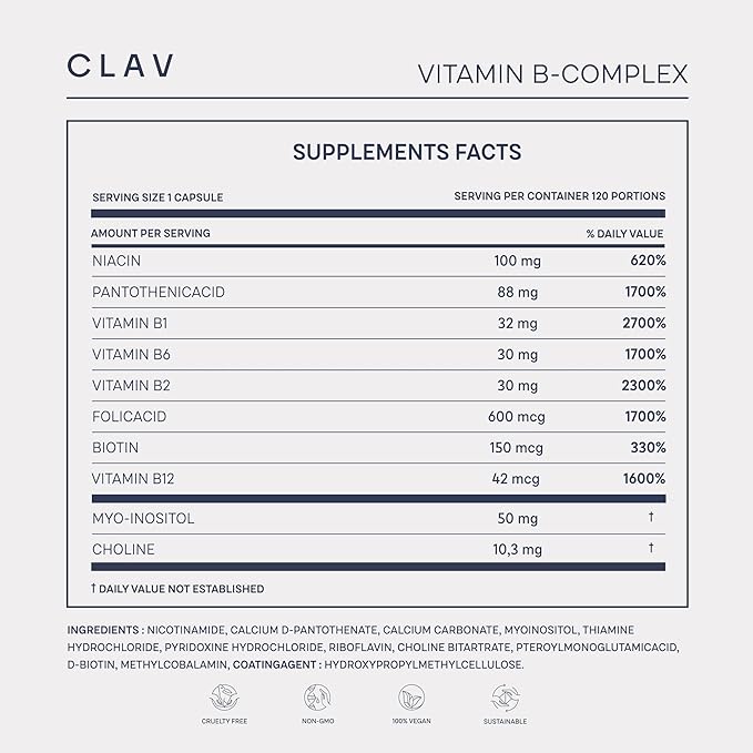 CLAV Vitamin B Complex - 120 Capsules - All 8 B Vitamins with Co-Factors Myo-Inositol &amp Choline - Supports Energy Metabolism - Vegan - Made in Germany