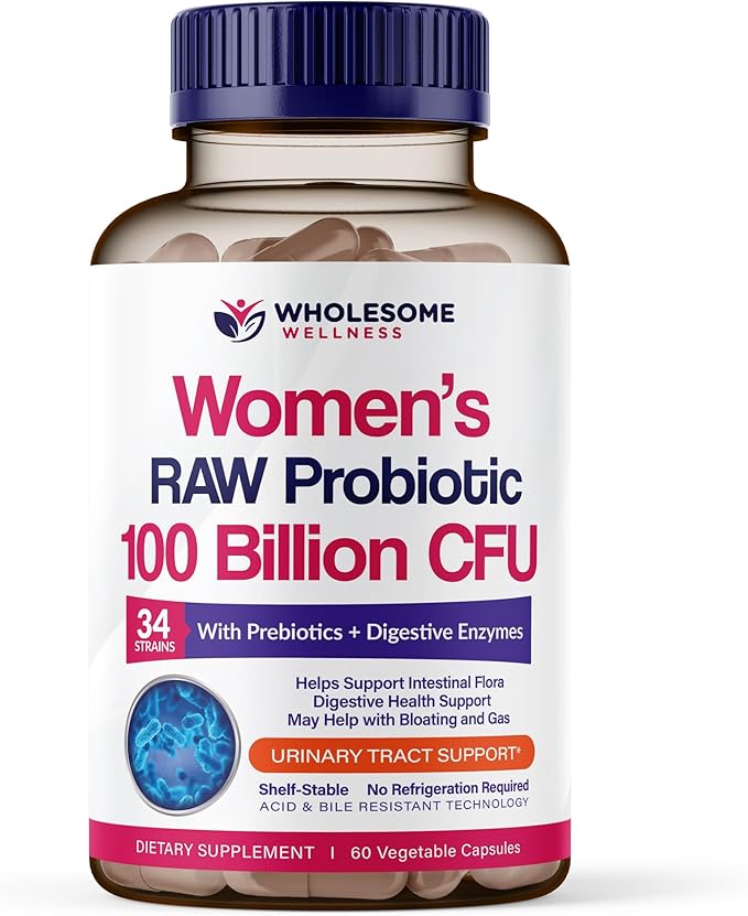 Wholesome Wellness Dr. Formulated Raw Probiotics for Women 100 Billion CFUs Capsules with Prebiotics Digestive Enzymes Approved for Adults Shelf Stable Supplement