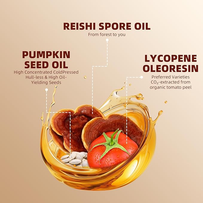 Pumpkin Seed Oil Capsule Lycopene Supplement Cold Pressed Pumpkin Seed 3 in 1 Hair Growth Supplement with Reishi Mushroom Spore Oil for Urinary and Prostate Health 60 Softgels