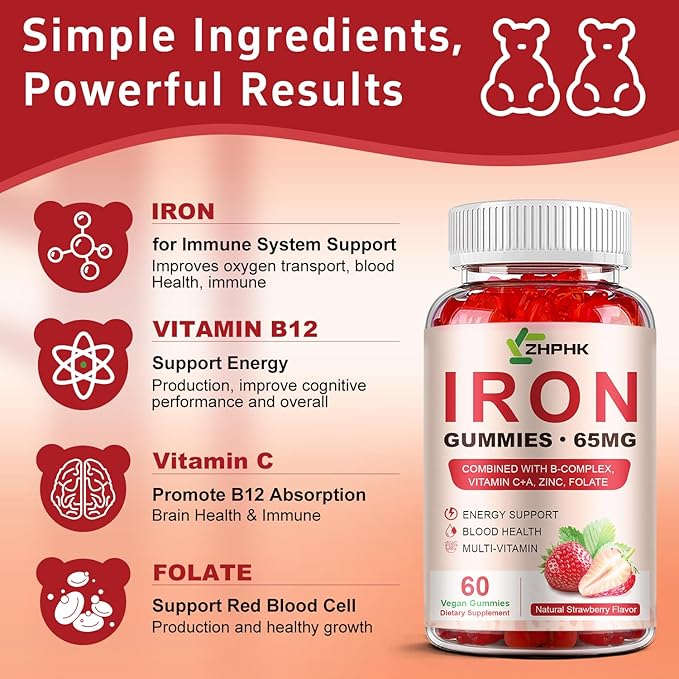 Iron Supplement Gummies for Women Men &amp Kids 65mg Iron &amp 250mg Vitamin C per Serving - Healthy Blood Energy &amp Immune Support Iron Vitamin Gummy with Folate 2 Pack