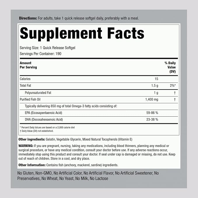 Piping Rock Fish Oil Omega 3 Supplement | 1400 mg | 190 Softgels | for Women and Men | Triple Strength | with EPA &amp DHA | Non-GMO &amp Gluten Free