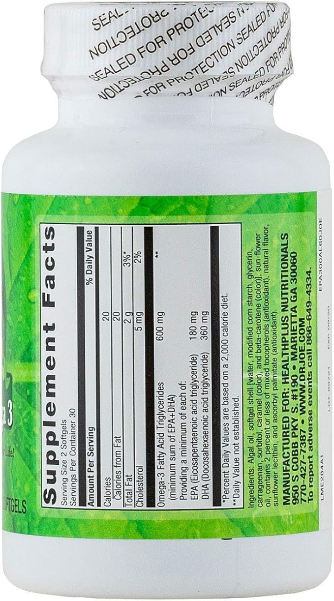 Dr. Joe's Vegan Omega 3 - Algae Oil - Omega-3 600mg EPA 180mg DHA 360mg