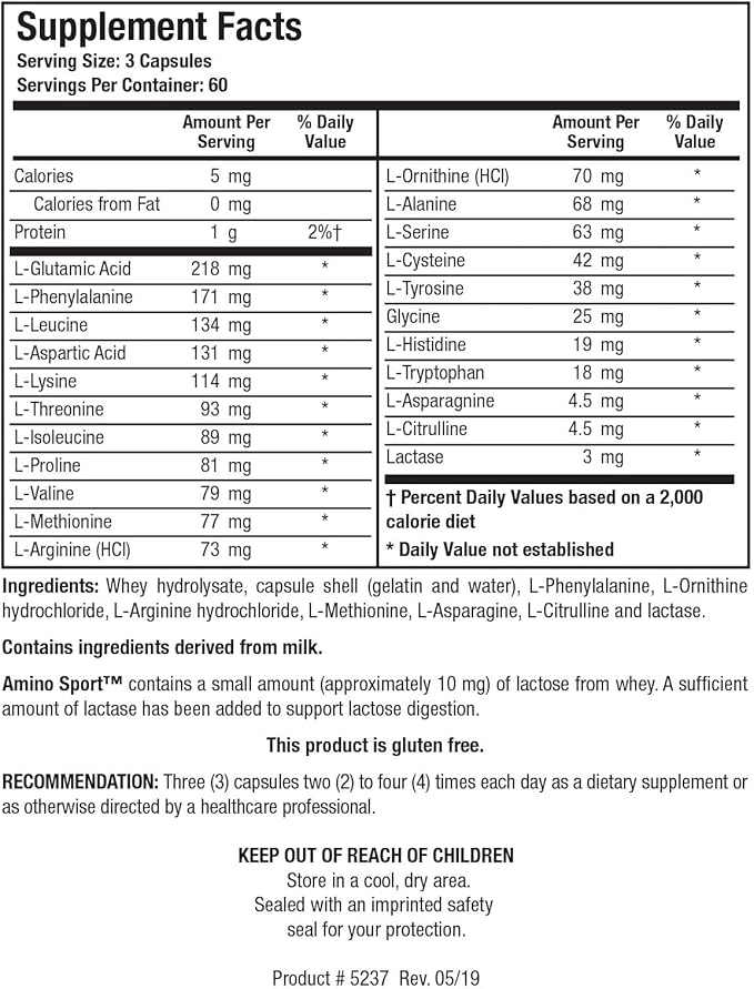 Biotics Research Amino Sport Broad Spectrum Amino Acids Essential Amino Acids BCAAs Sports Recovery Support Lean Muscle Mass 180 Capsules