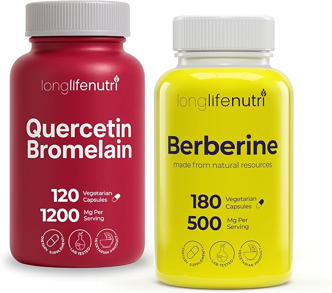 LongLifeNutri Quercetin 1000 mg with Bromelain 200 mg &amp Berberine HCl 500 mg Bundle – 120 + 180 Vegetarian Capsules 2–6 Month Supply Botanical Alkaloid Complex Non-GMO GMP Certified Made in U
