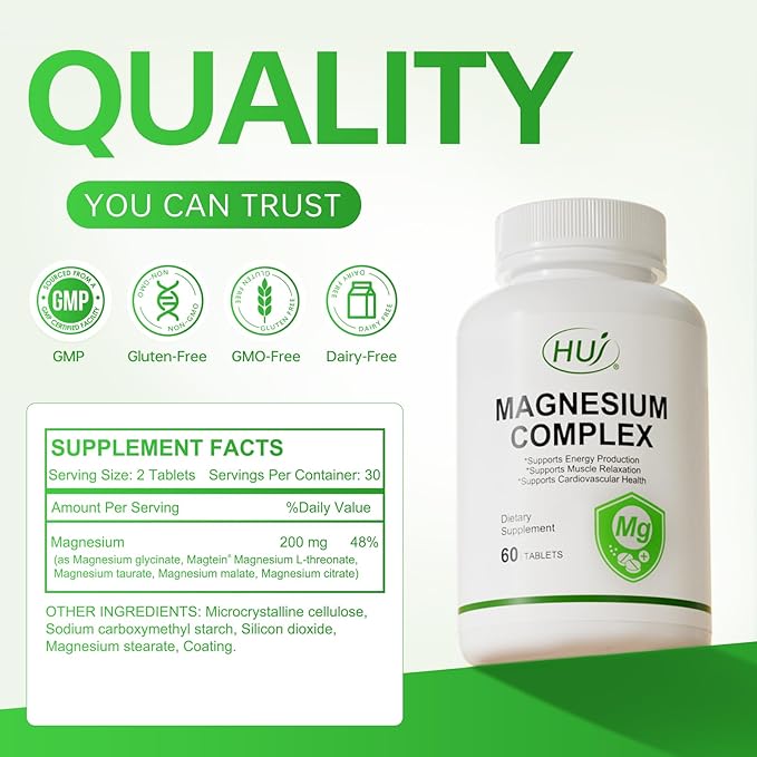 HUJ Magnesium Complex Supplement - Five Types of Magnesium - Supports Energy Production Muscle Relaxation &amp Cardiovascular Health* - 60 Tablets.