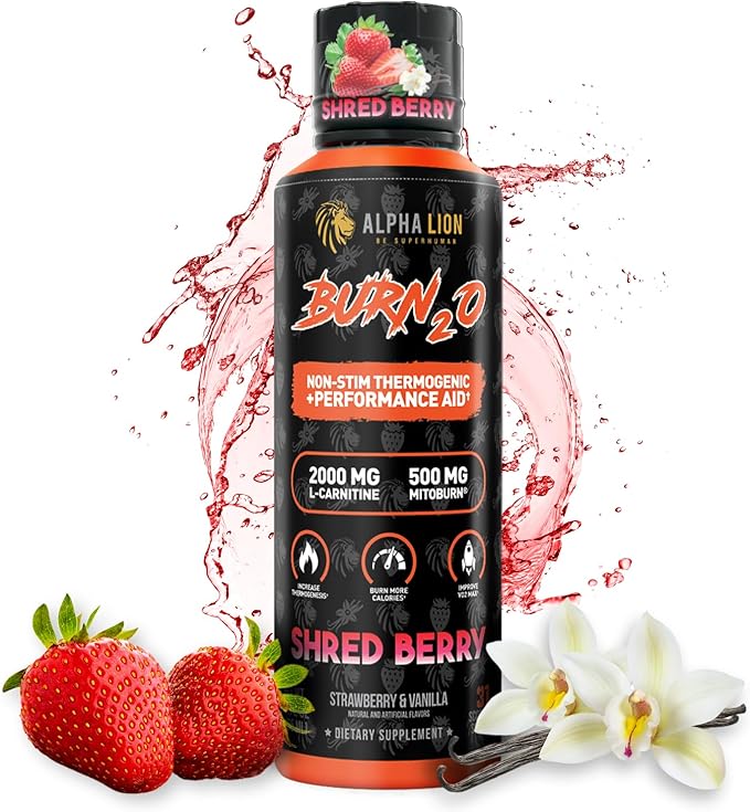 ALPHA LION Burn2O L-Carnitine Liquid 2000mg Premium Liquid Fat Burner &amp Pre-Workout Supplement for Men &amp Women - Natural Energy &amp Metabolism Booster for Weight Loss - ShredBerry