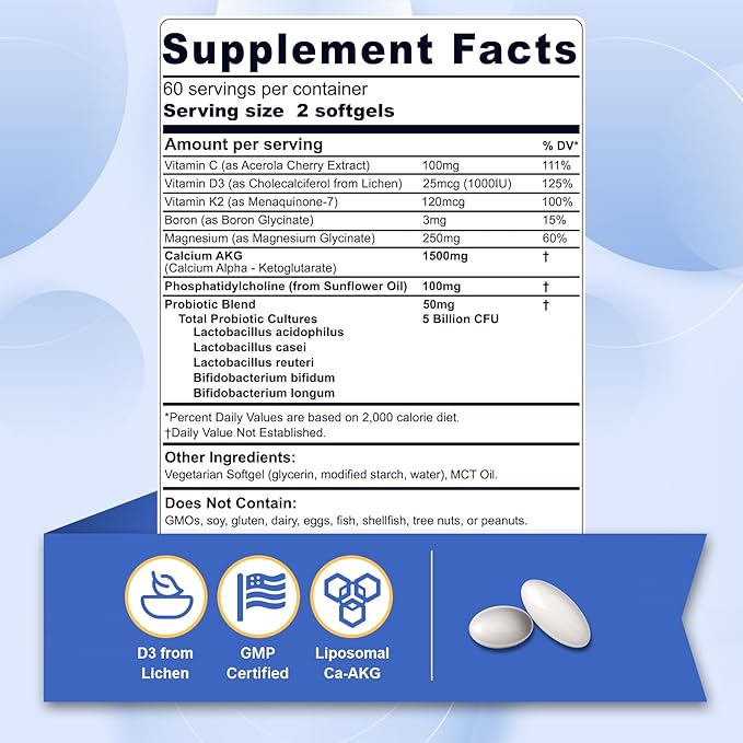 Liposomal Calcium AKG Supplement 1500mg with Vitamin D3 &amp K2 Softgels for Women &amp Men│ High Absorption│Calcium Supplements with Magnesium Glycinate Boron Probiotics &amp Vitamin C for Bone