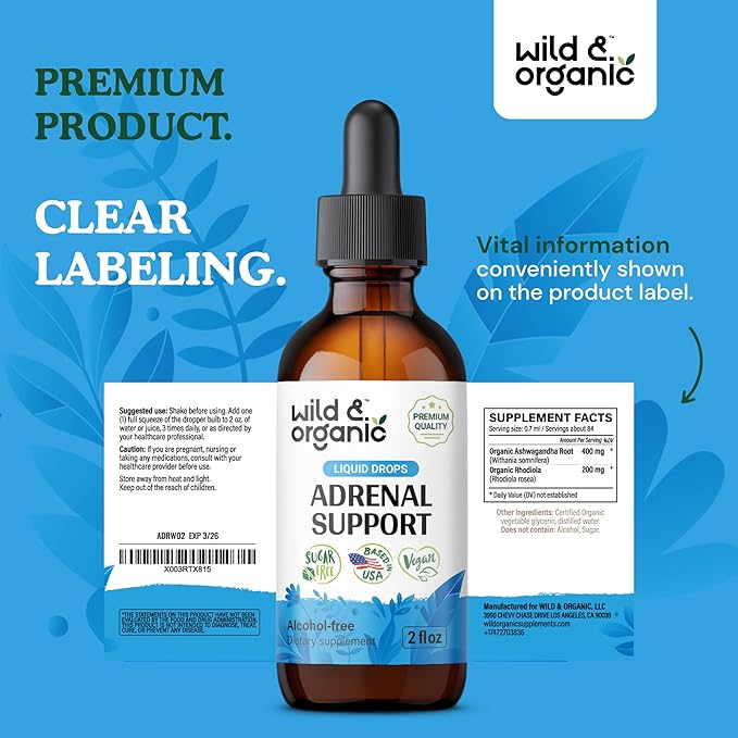 Wild &amp Organic Adrenal Support Supplements for Women &amp Men - Mood &amp Energy Support - Adrenal Complex Drops with Ashwagandha &amp Rhodiola Rosea Herb - Add to Tea - Vegan No Sugar &amp A