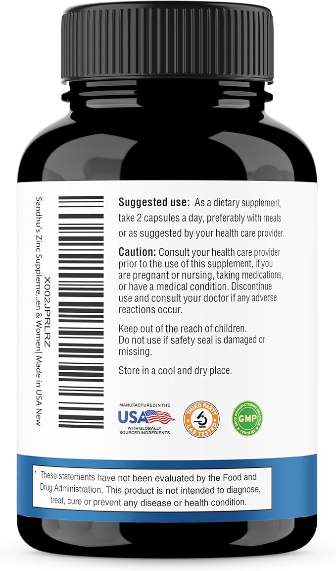Sandhu's Zinc Supplement with Ionophores| Quercetin &amp Green Tea Extract for Superior Absorption and High Potency| 800mg Vegetarian Capsules 60 Count (Pack of 1)| Immune Support for Men &amp Women